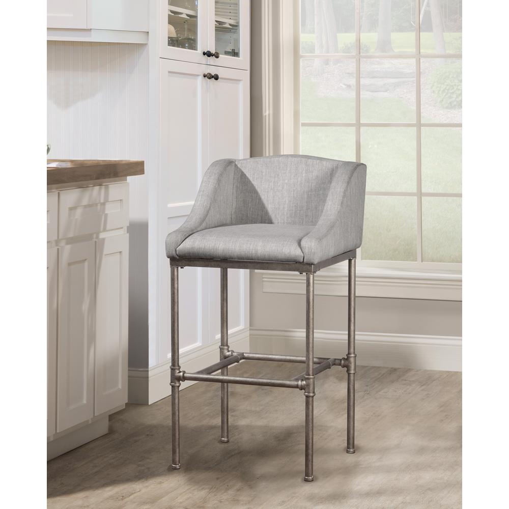 Metal Bar Height Stool, Textured Silver with Light Gray Fabric. Picture 2
