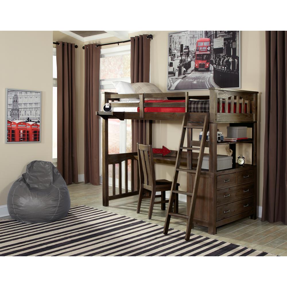 Highlands Twin Loft Bed W/ Hanging Nightstand, Desk And Chair Espresso. Picture 1