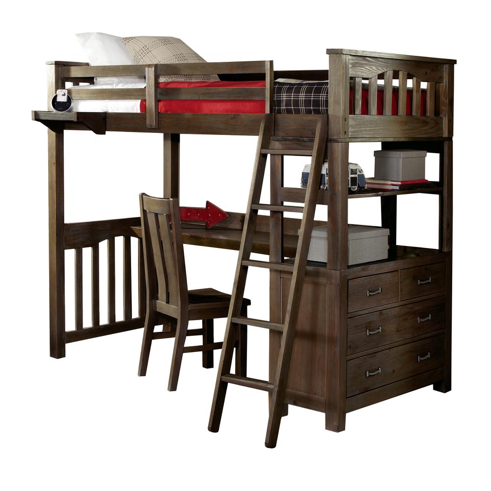 Highlands Twin Loft Bed W/ Hanging Nightstand, Desk And Chair Espresso. Picture 2