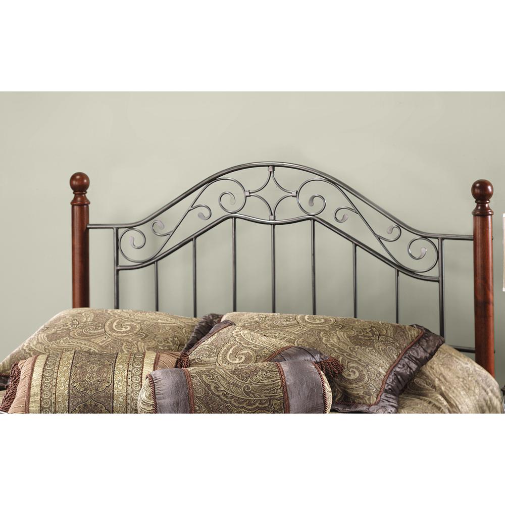 King Metal Headboard with Frame and Cherry Wood Posts, Smoke Silver. Picture 2