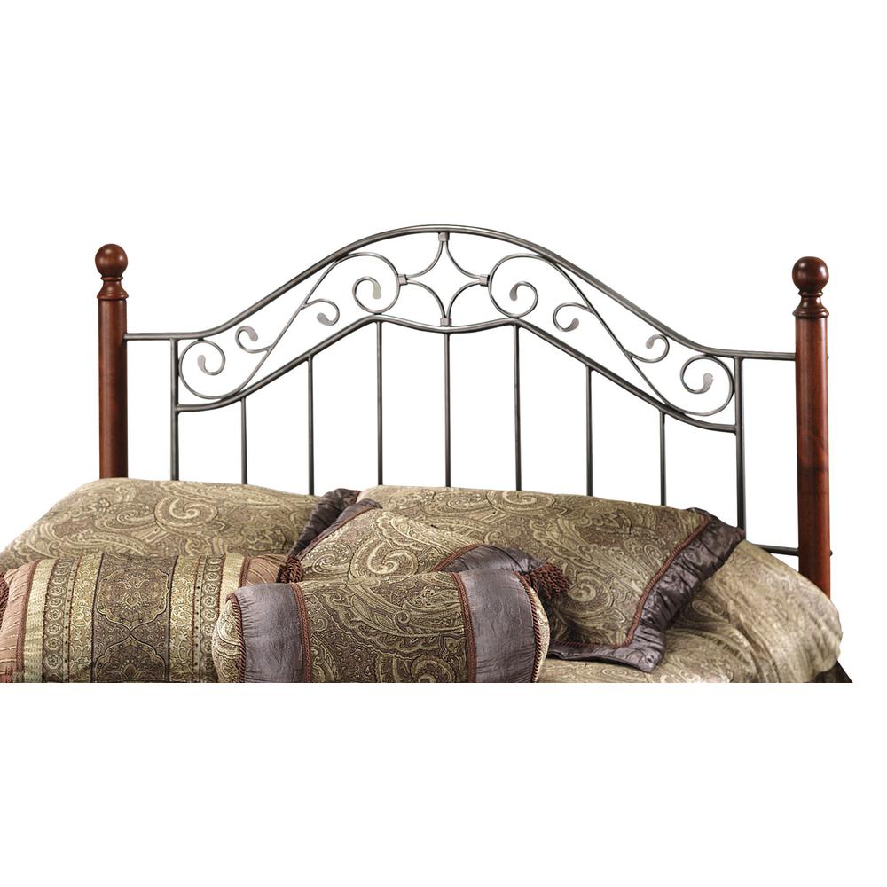 King Metal Headboard with Frame and Cherry Wood Posts, Smoke Silver. Picture 1