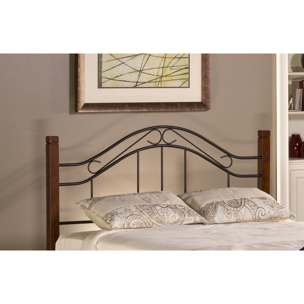 Matson Full/Queen Metal Headboard with Frame and Cherry Wood Posts, Black. Picture 2