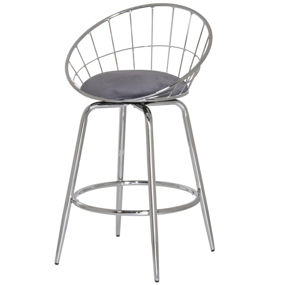 Bullock Rounded Disc Metal Swivel Counter Height Stool, Silver Gray Velvet. The main picture.