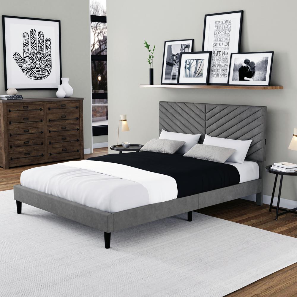 Crestwood Upholstered Chevron Pleated Platform Queen Bed with 2 Dual USB Ports. Picture 4