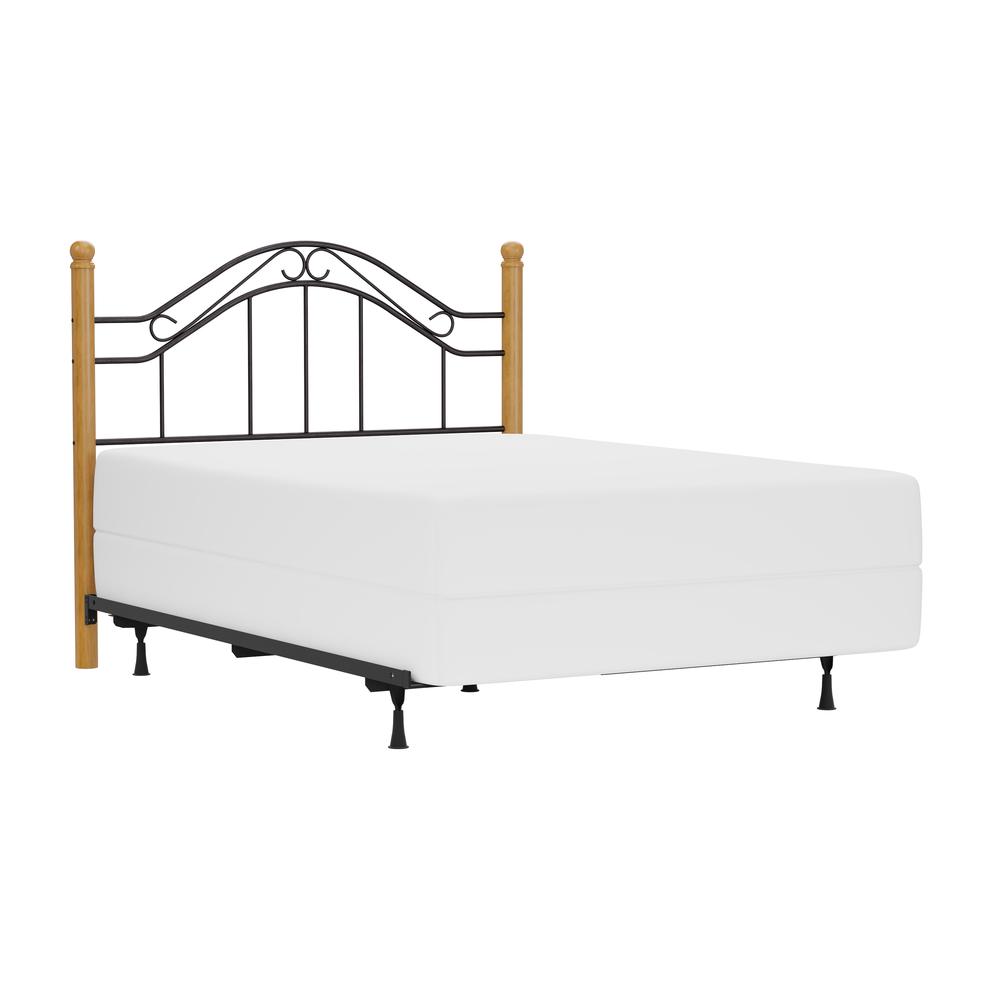 Winsloh Full/Queen Metal Headboard with Frame and Oak Wood Posts, Black. Picture 1