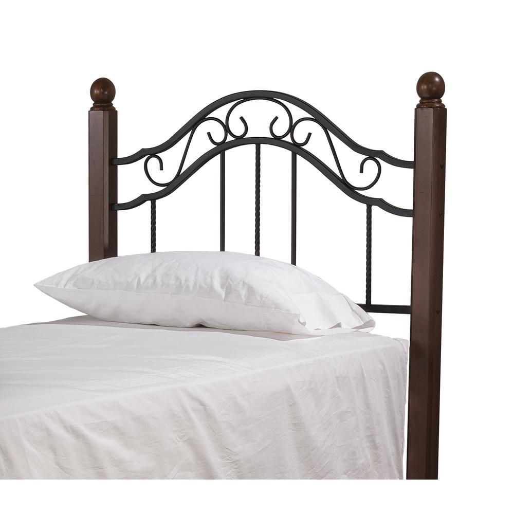 Madison Twin Metal Headboard with Frame and Cherry Wood Posts, Textured Black. Picture 1