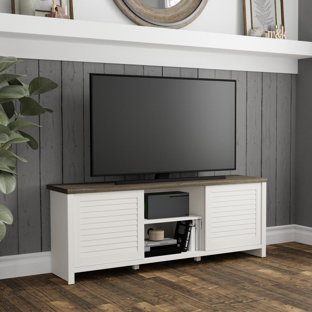 Living Essentials by Hillsdale Handerson 64 Inch Wood Entertainment Console, White with Dark Oak Finish Top. Picture 2