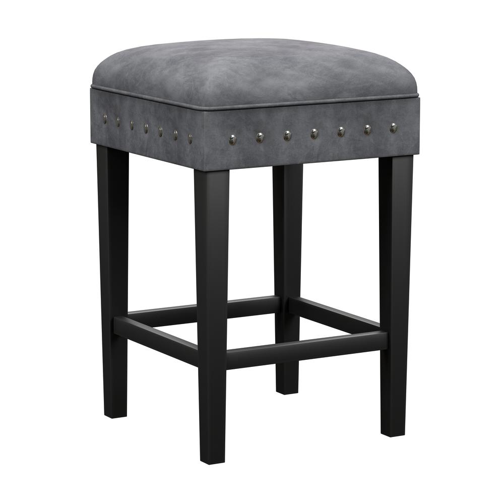 Wood and Upholstered Backless Counter Height Stool, Black with Charcoal Velvet. Picture 1