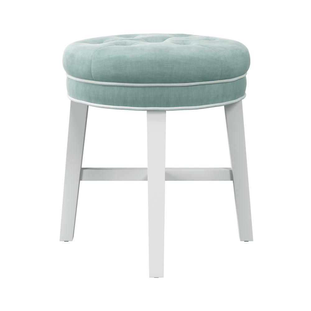 Sophia Tufted Backless Vanity Stool, White with Spa Blue Fabric. Picture 5
