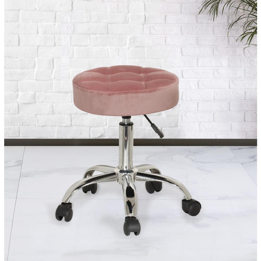 Tufted Adjustable Backless Vanity/Office Stool with Casters, Pink. Picture 2