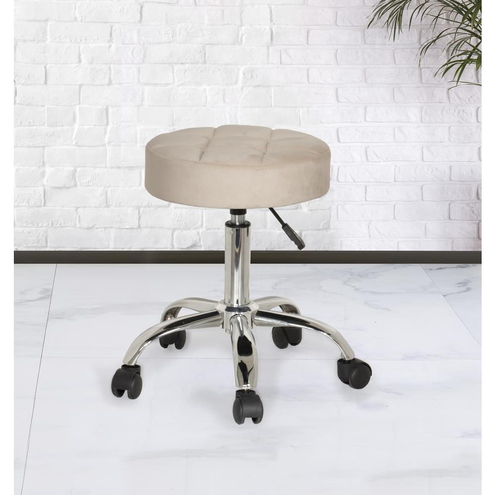 Tufted Adjustable Backless Vanity/Office Stool with Casters, Cream. Picture 2