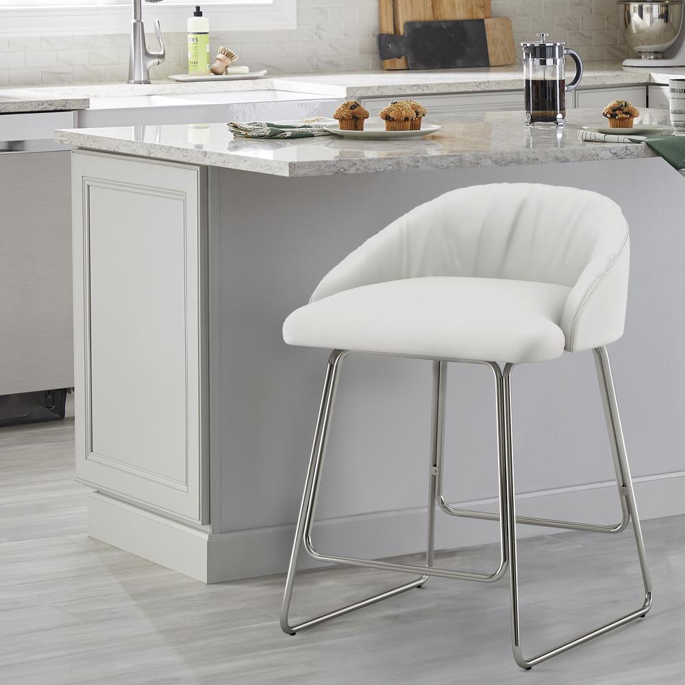 Boyle Metal Counter Height Stool, Chrome with White Faux Leather. Picture 2