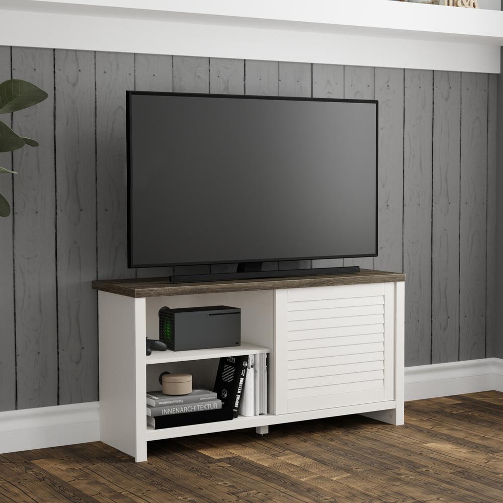 47 Inch Wood Entertainment Console, White with Dark Oak Finish Top. Picture 2