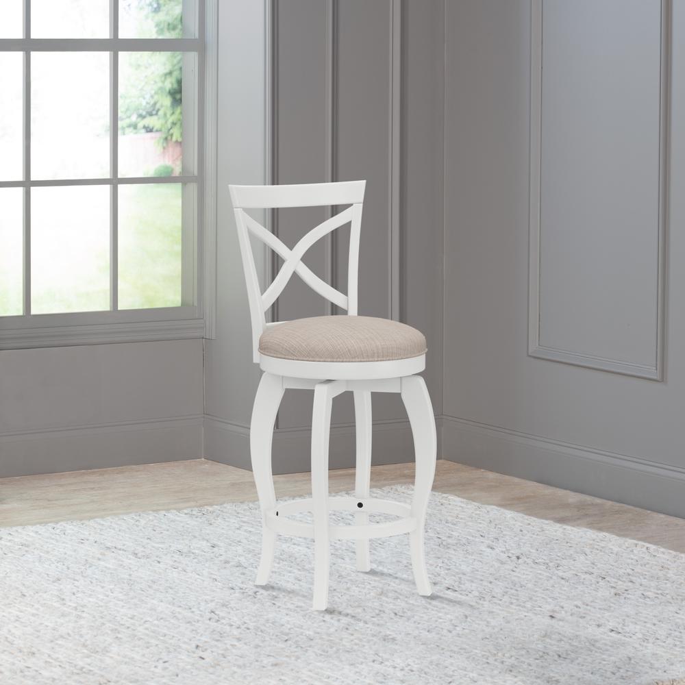 Ellendale Wood Counter Height Swivel Stool, White with Beige Fabric. Picture 10
