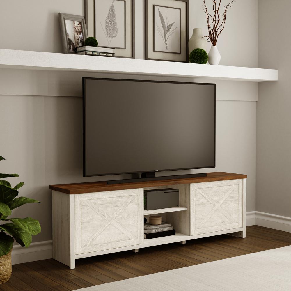 Living Essentials by Hillsdale Columbus 74 Inch Wood Entertainment Console, White Oak with Walnut Finish Top. Picture 2