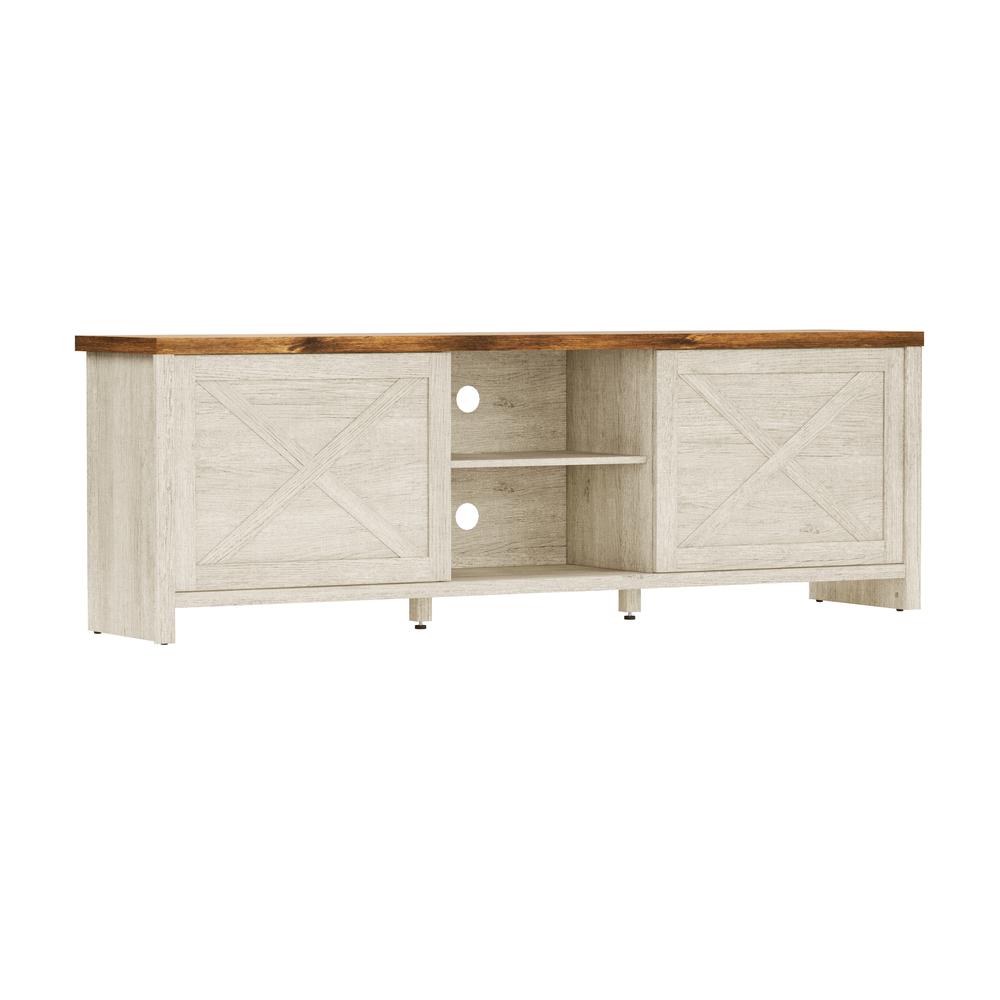 Living Essentials by Hillsdale Columbus 74 Inch Wood Entertainment Console, White Oak with Walnut Finish Top. Picture 1