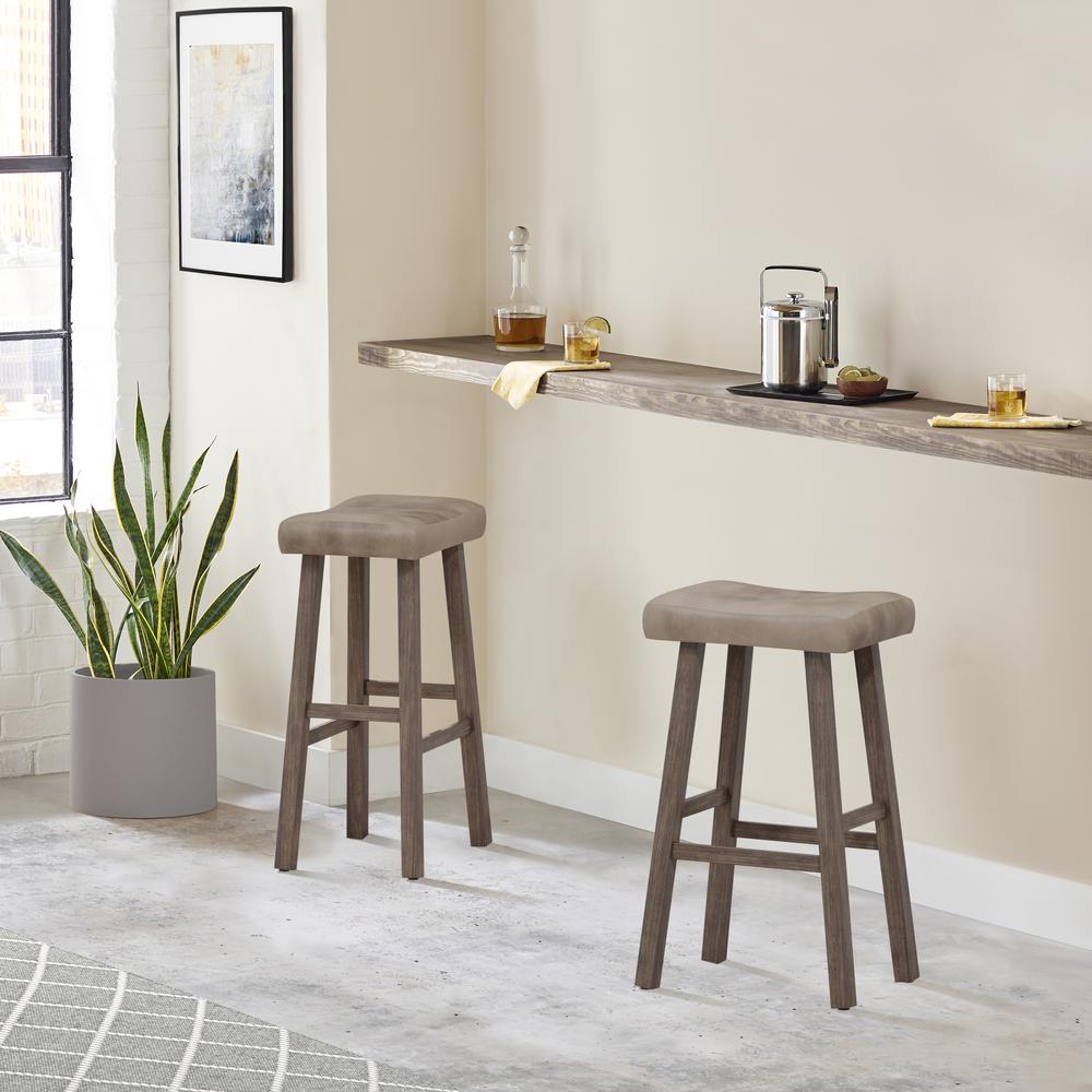 Saddle Non-Swivel Backless Bar Height Stool - Rustic Gray Wood Finish. Picture 2