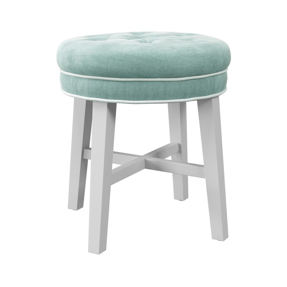 Sophia Tufted Backless Vanity Stool, White with Spa Blue Fabric. Picture 1