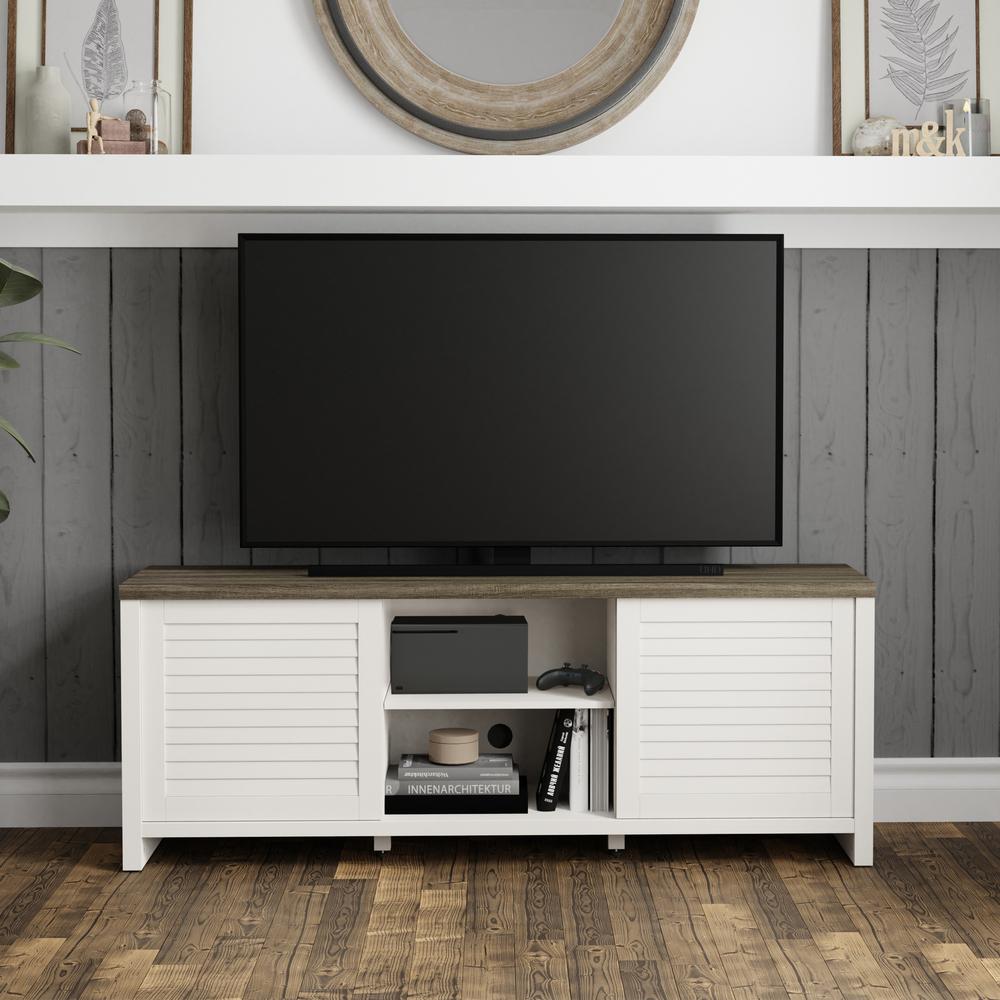 Living Essentials by Hillsdale Handerson 64 Inch Wood Entertainment Console, White with Dark Oak Finish Top. Picture 3
