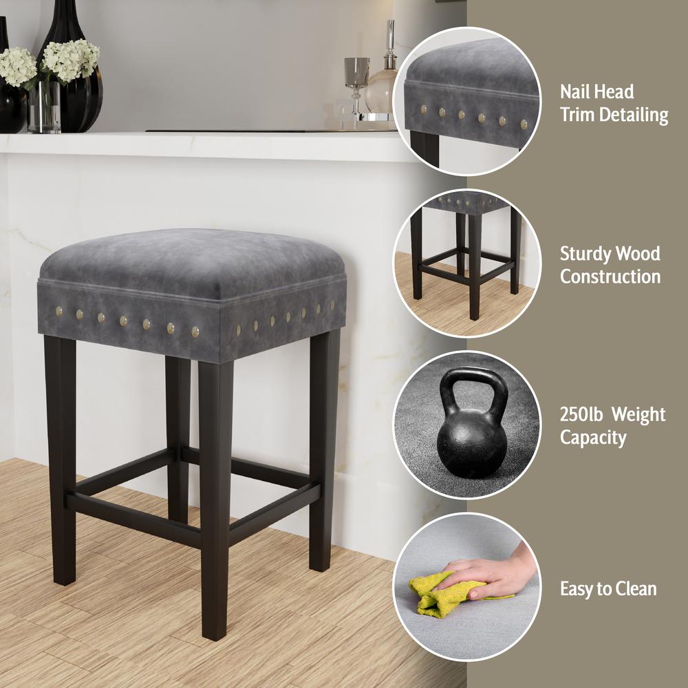 Wood and Upholstered Backless Counter Height Stool, Black with Charcoal Velvet. Picture 6