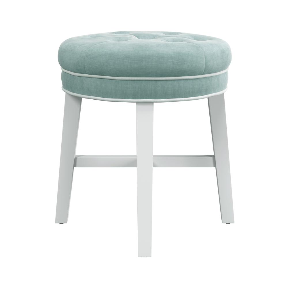 Sophia Tufted Backless Vanity Stool, White with Spa Blue Fabric. Picture 2