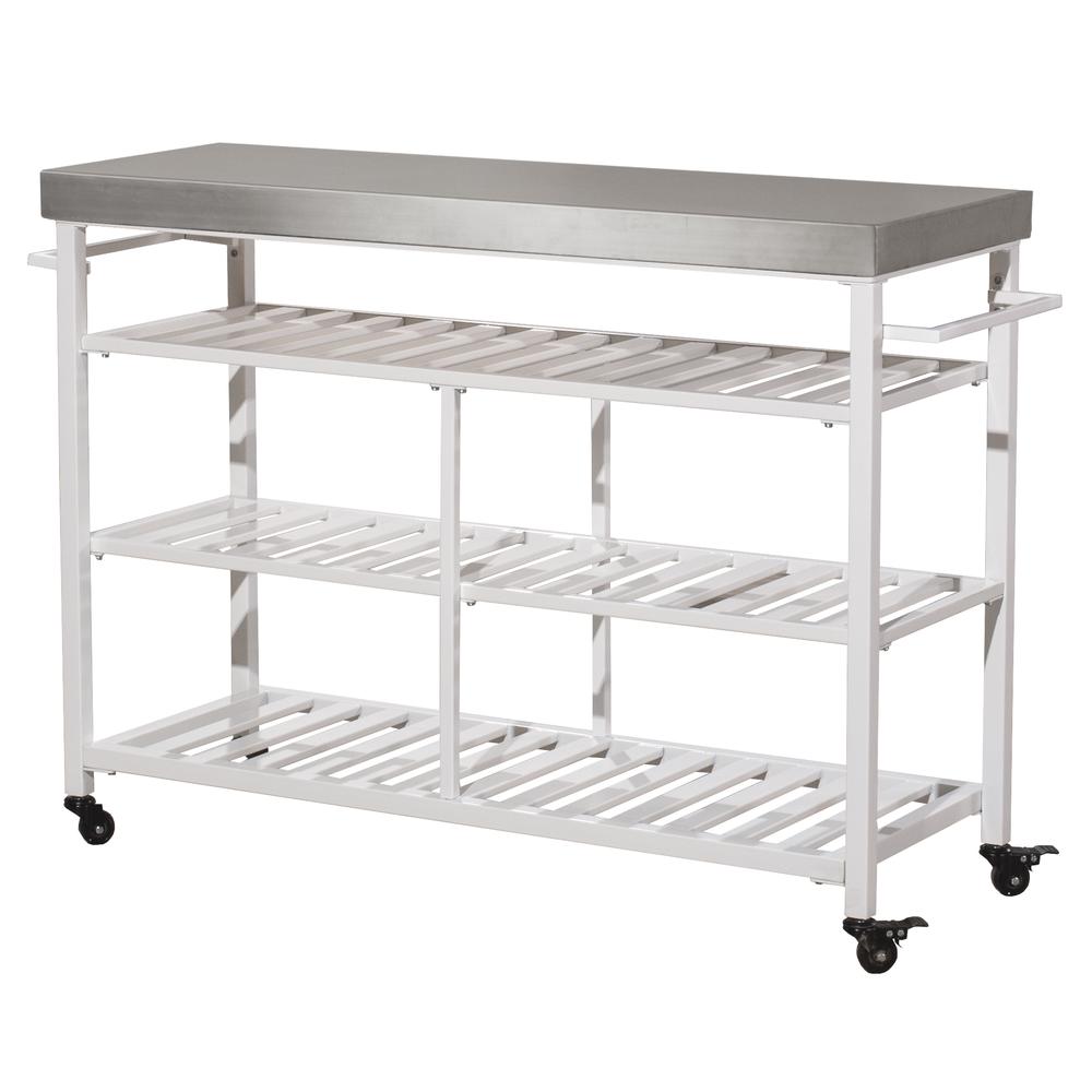 Kennon Kitchen Cart in White with Stainless Steel Top. Picture 1
