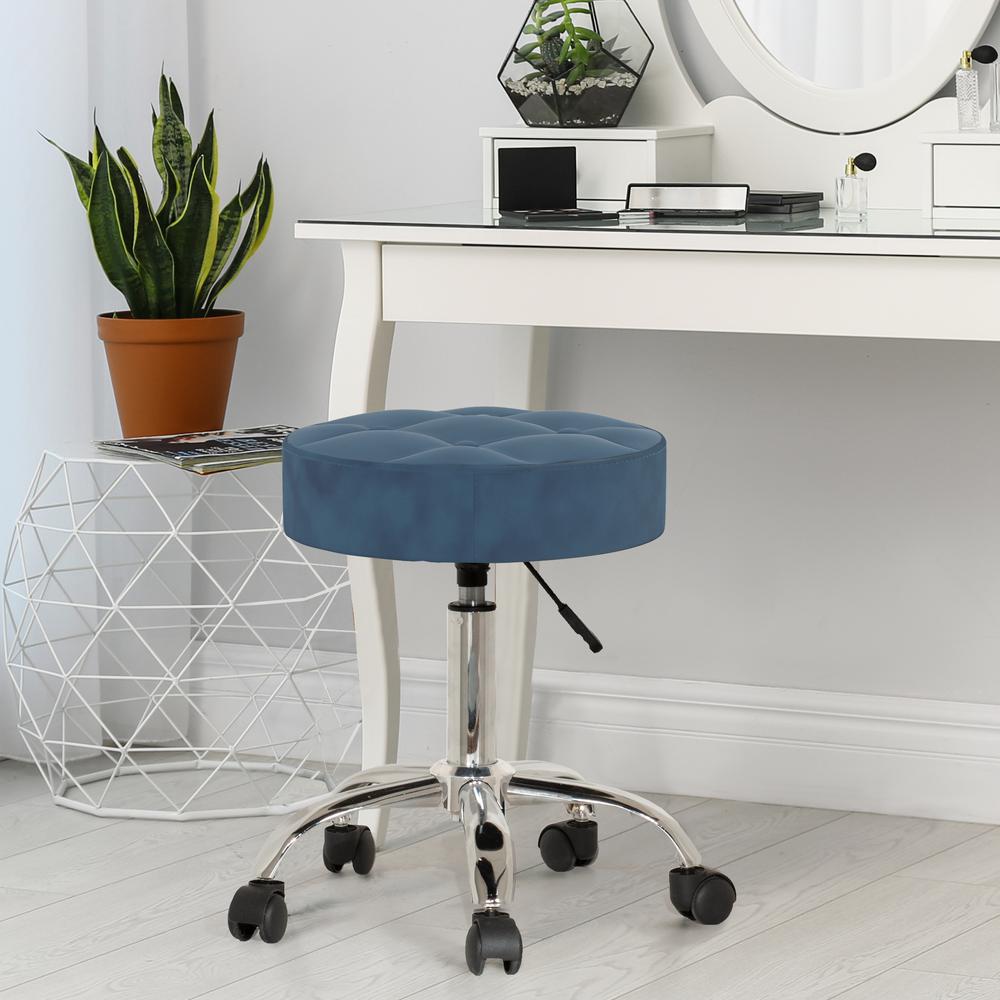 Adjustable Backless Vanity/Office Stool, Chrome with Chrome with Blue Velvet. Picture 3