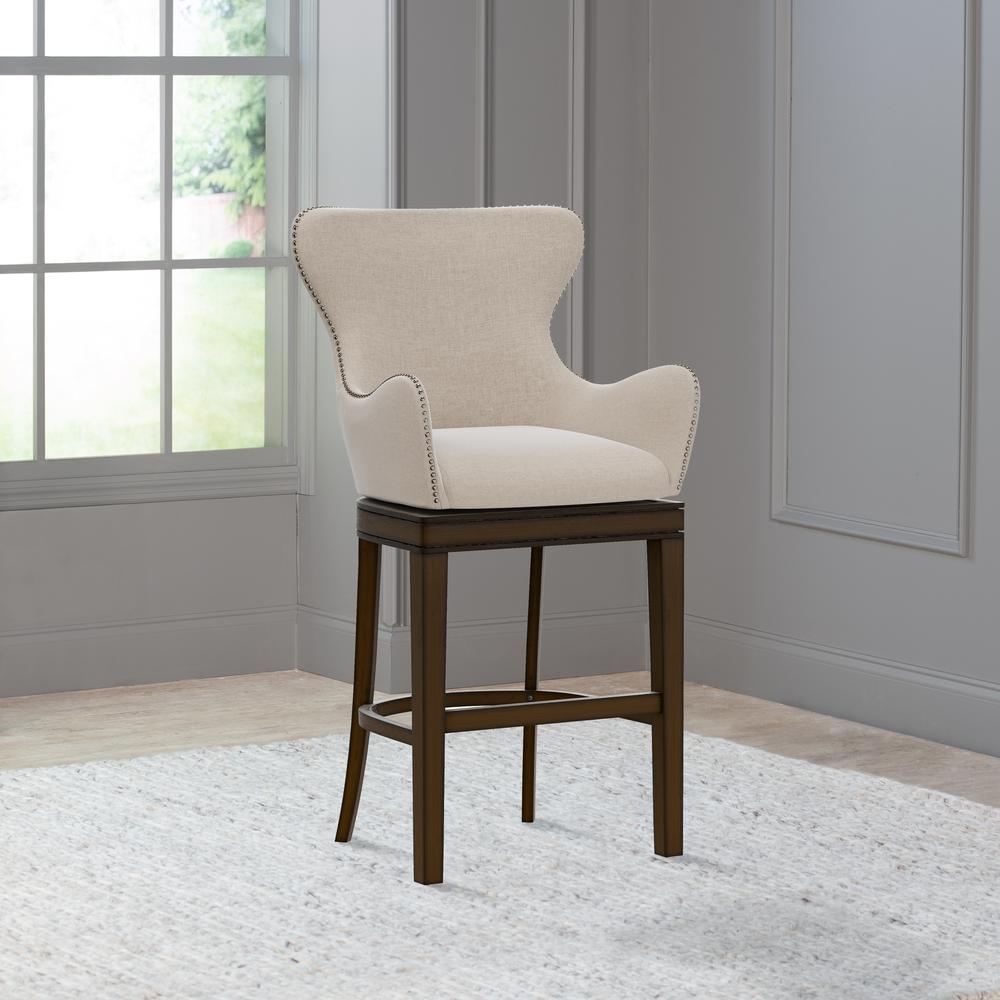 Hillsdale Furniture Caydena Memory Return Swivel Wood Bar Height Stool, Rustic Gray with Cream Fabric. Picture 3
