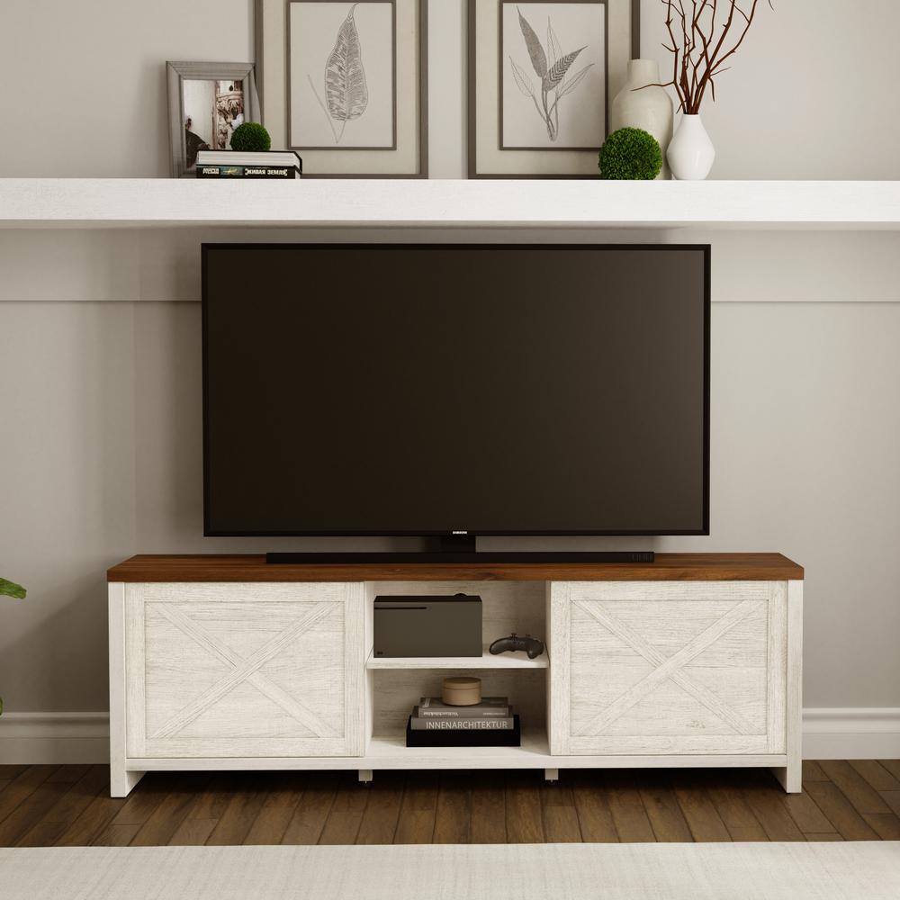 Living Essentials by Hillsdale Columbus 74 Inch Wood Entertainment Console, White Oak with Walnut Finish Top. Picture 3