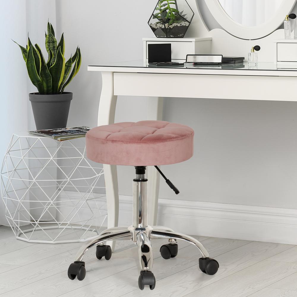 Tufted Adjustable Backless Vanity/Office Stool with Casters, Pink. Picture 4