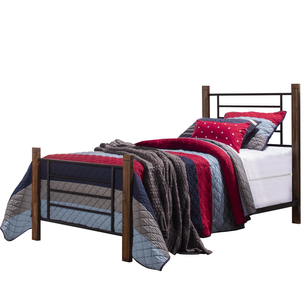 Raymond Twin Metal Bed with Weathered Dark Brown Wood Posts, Textured Black. Picture 1
