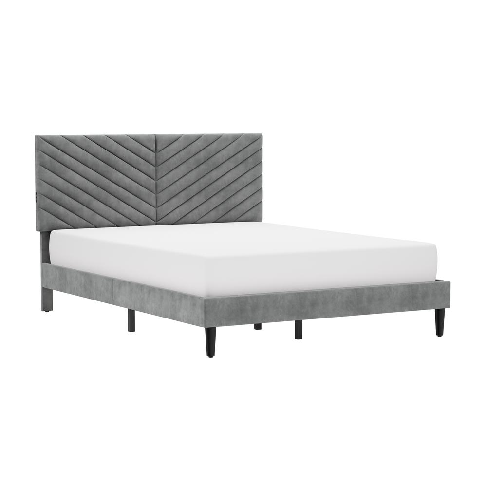 Crestwood Upholstered Chevron Pleated Platform Queen Bed with 2 Dual USB Ports. Picture 1