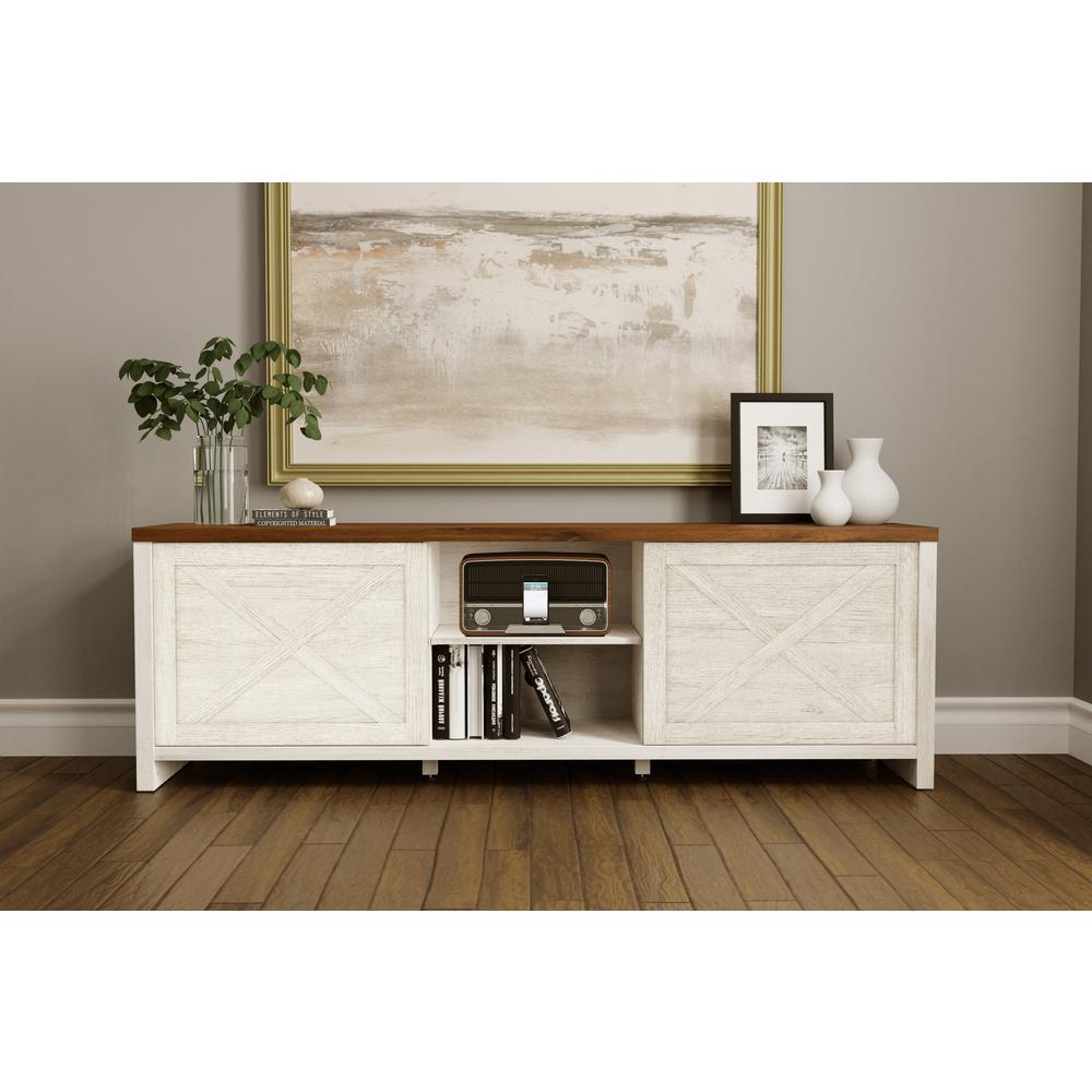 Living Essentials by Hillsdale Columbus 74 Inch Wood Entertainment Console, White Oak with Walnut Finish Top. Picture 4