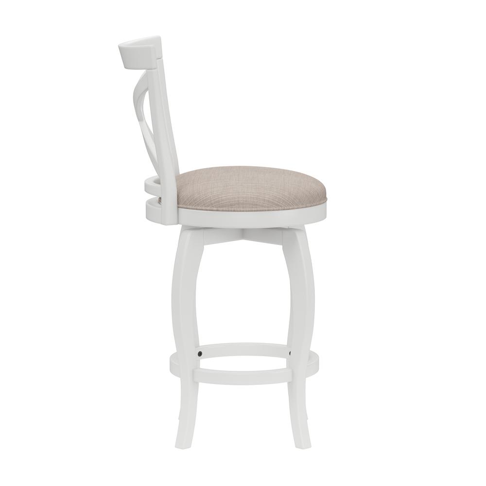 Ellendale Wood Counter Height Swivel Stool, White with Beige Fabric. Picture 3