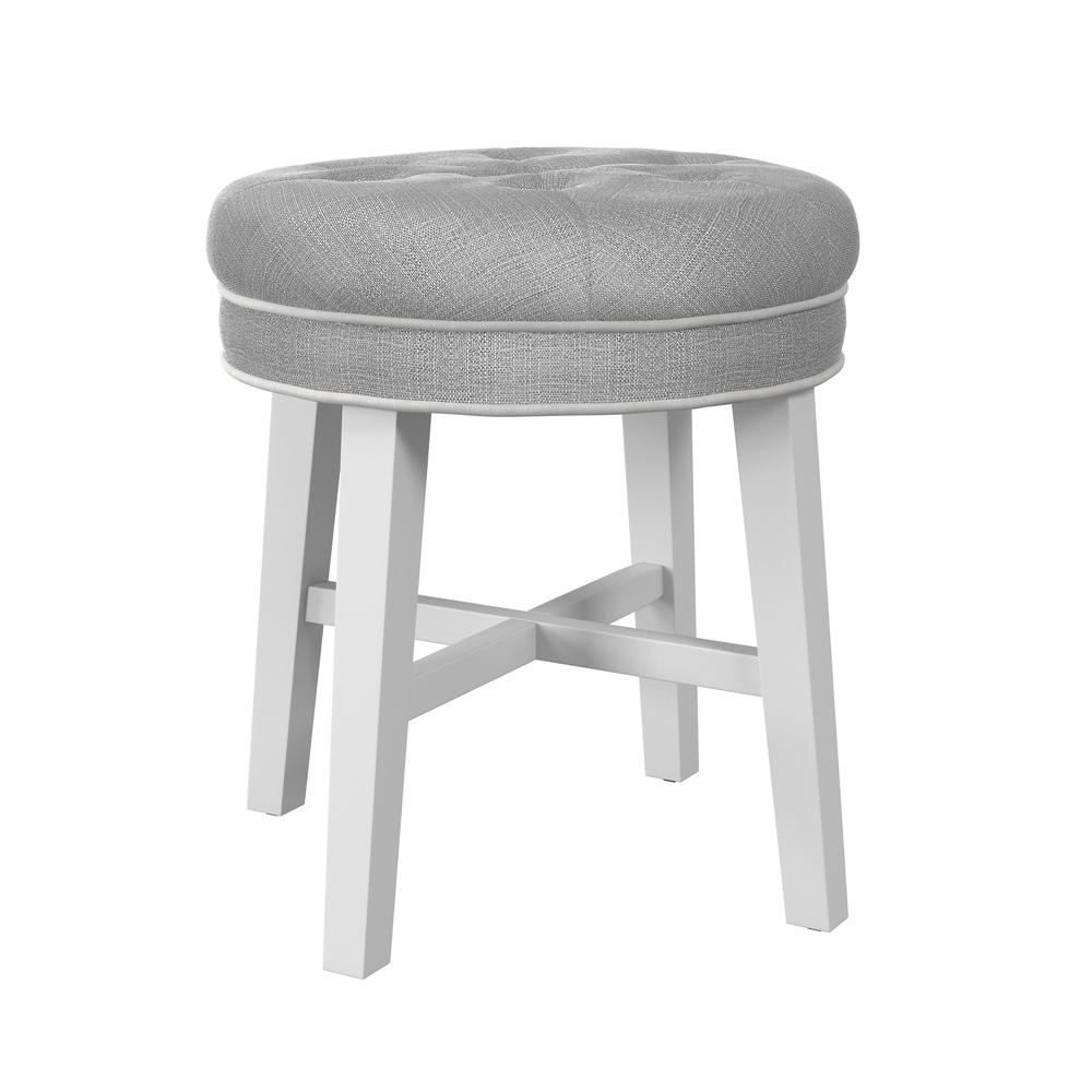 Sophia Tufted Backless Vanity Stool, White with Gray Fabric. Picture 1