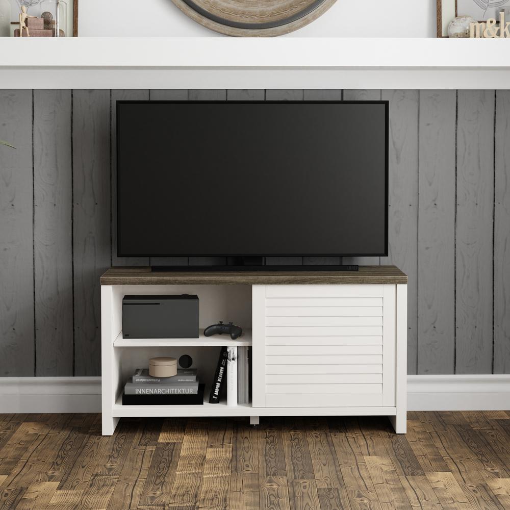 47 Inch Wood Entertainment Console, White with Dark Oak Finish Top. Picture 3