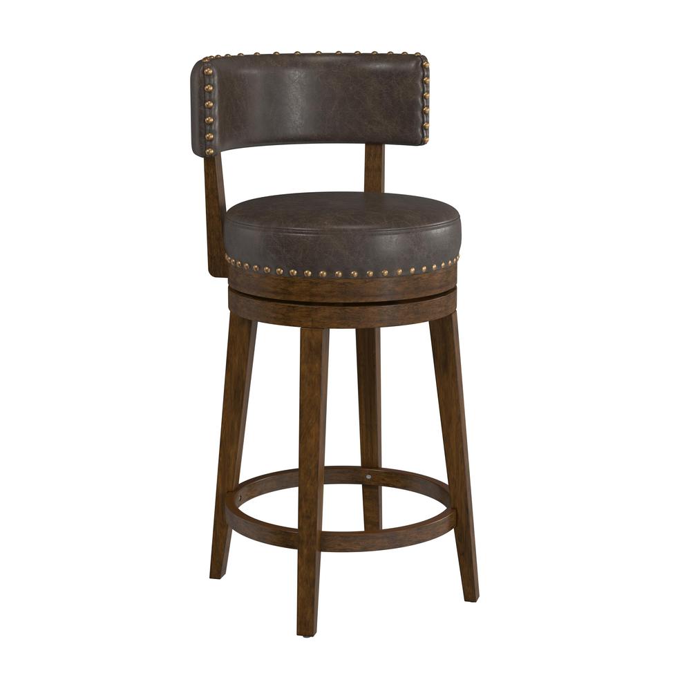 Wood Counter Height Swivel Stool, Walnut with Aged Brown Faux Leather. Picture 1
