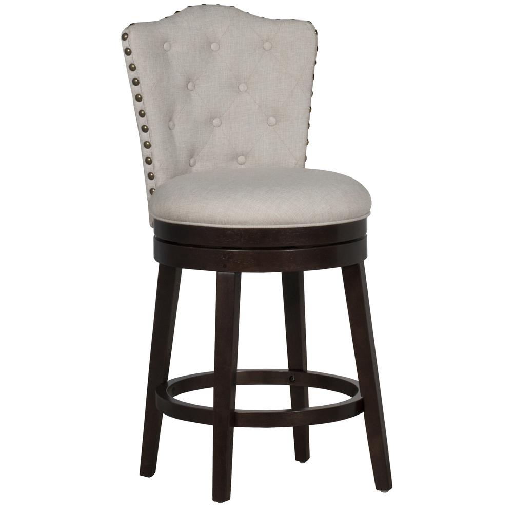 Wood Counter Height Swivel Stool, Smoke Chocolate with Cream Fabric. The main picture.
