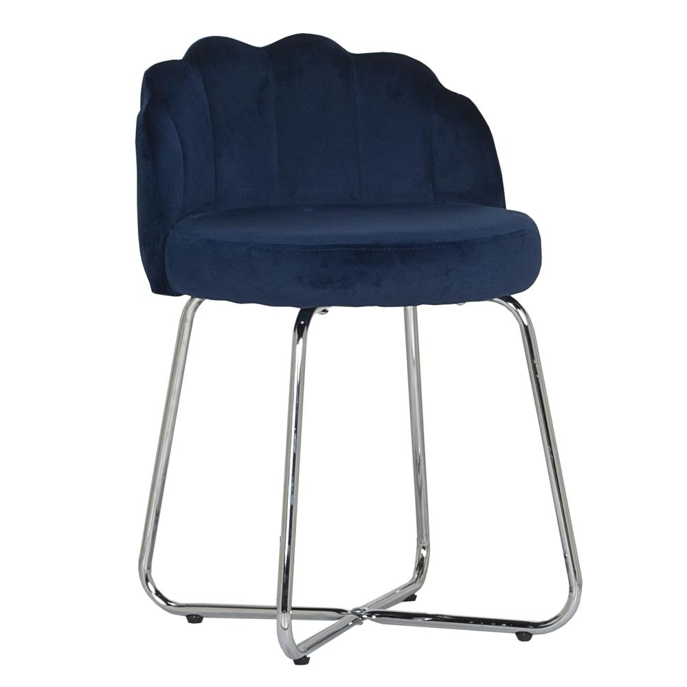 Metal Vanity Stool, Chrome with Dark Blue Fabric. Picture 1
