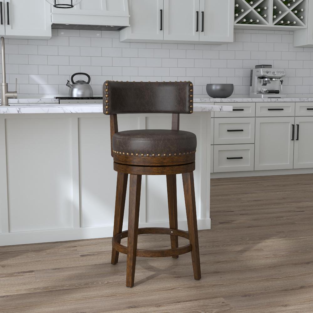 Wood Counter Height Swivel Stool, Walnut with Aged Brown Faux Leather. Picture 2
