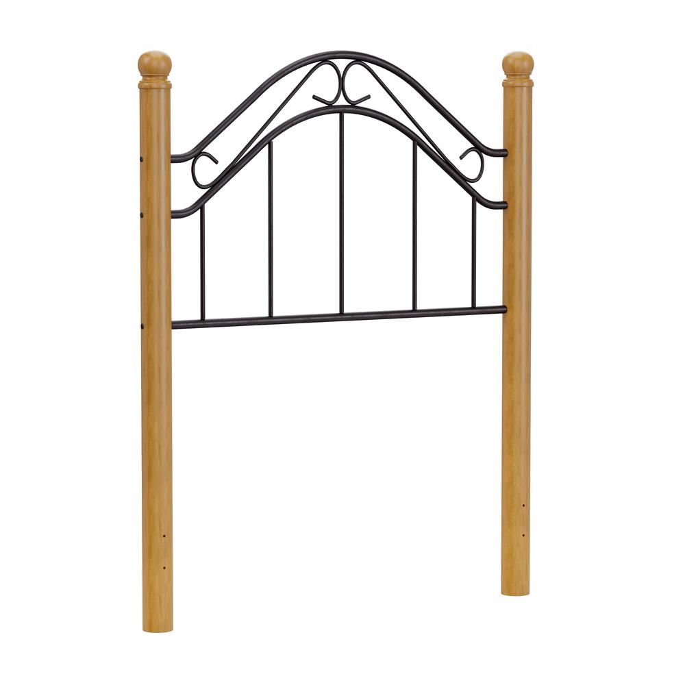 Winsloh Twin Metal Headboard with Oak Wood Posts without Frame, Black. Picture 1