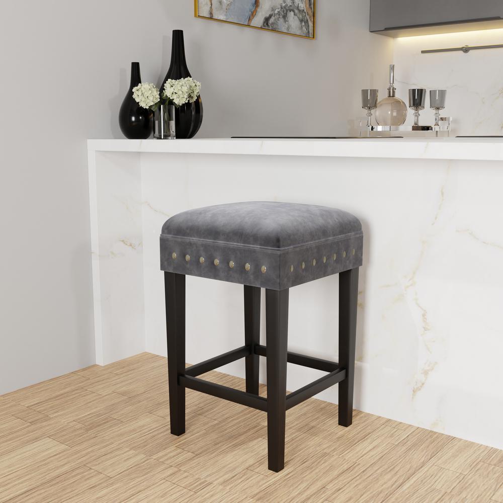 Wood and Upholstered Backless Counter Height Stool, Black with Charcoal Velvet. Picture 2