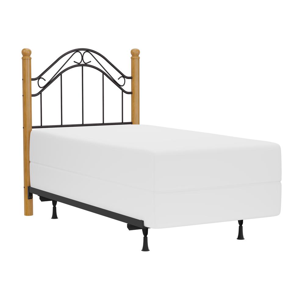 Winsloh Twin Metal Headboard with Frame and Oak Wood Posts, Black. Picture 1