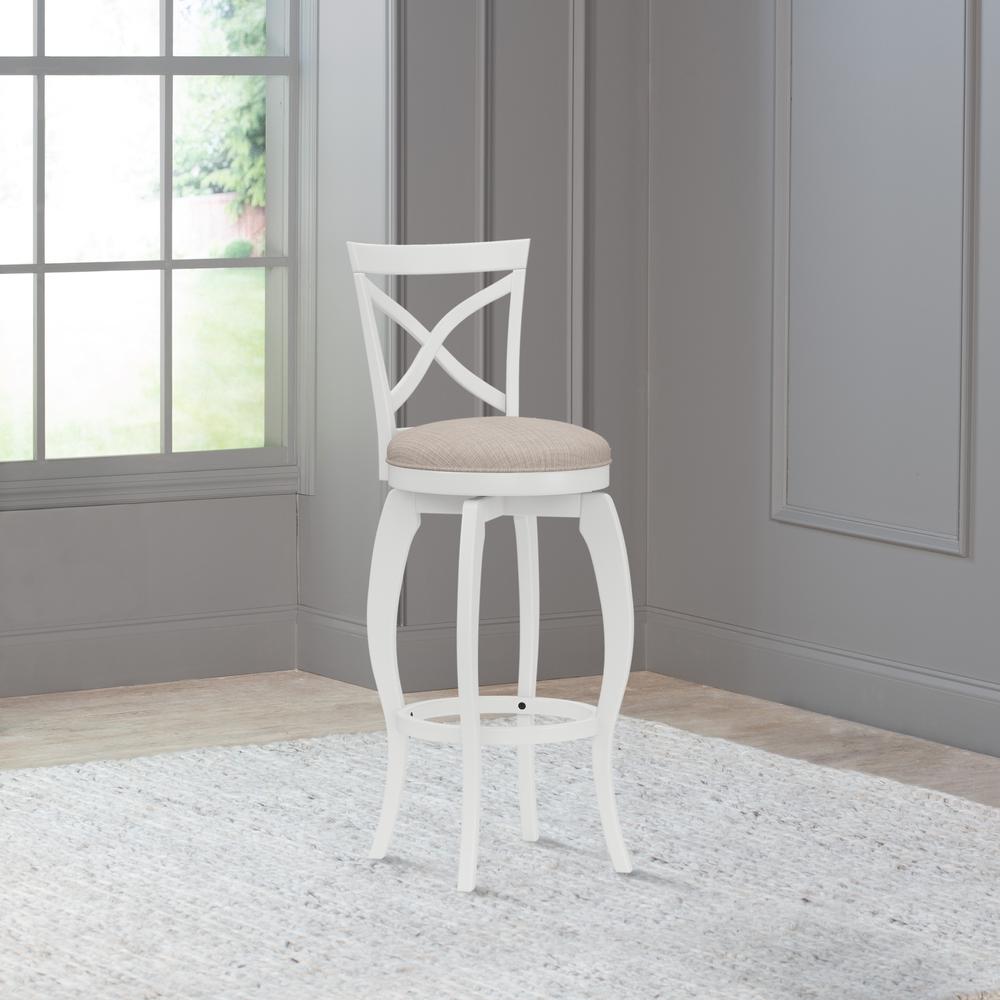 Ellendale Wood Bar Height Swivel Stool, White with Beige Fabric. Picture 3