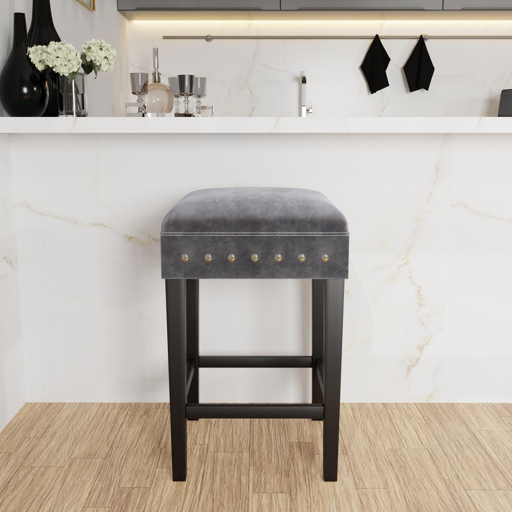 Wood and Upholstered Backless Counter Height Stool, Black with Charcoal Velvet. Picture 3