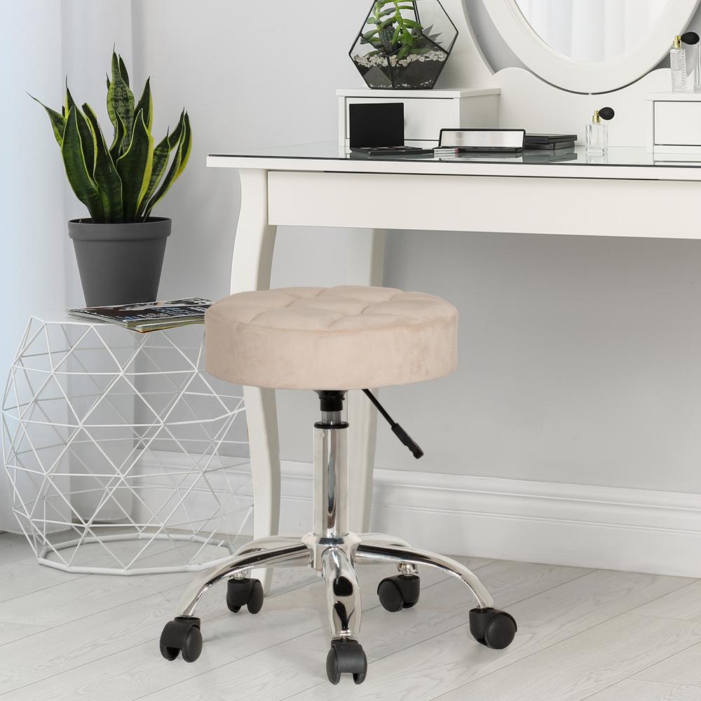 Tufted Adjustable Backless Vanity/Office Stool with Casters, Cream. Picture 4