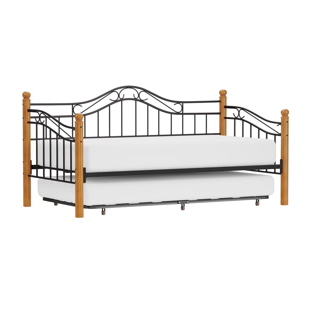 Winsloh Metal Twin Daybed with Roll Out Trundle, Medium Oak. Picture 1