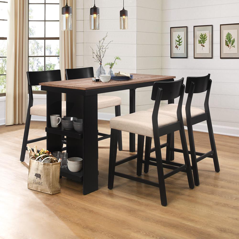 5 Piece Wood Counter Height Dining Set, Black with Oak Wire Brush Finished Top. Picture 2