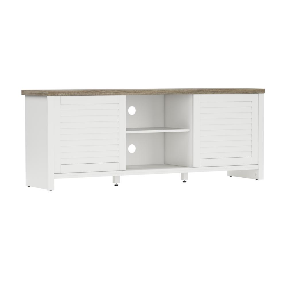 Living Essentials by Hillsdale Handerson 64 Inch Wood Entertainment Console, White with Dark Oak Finish Top. Picture 1