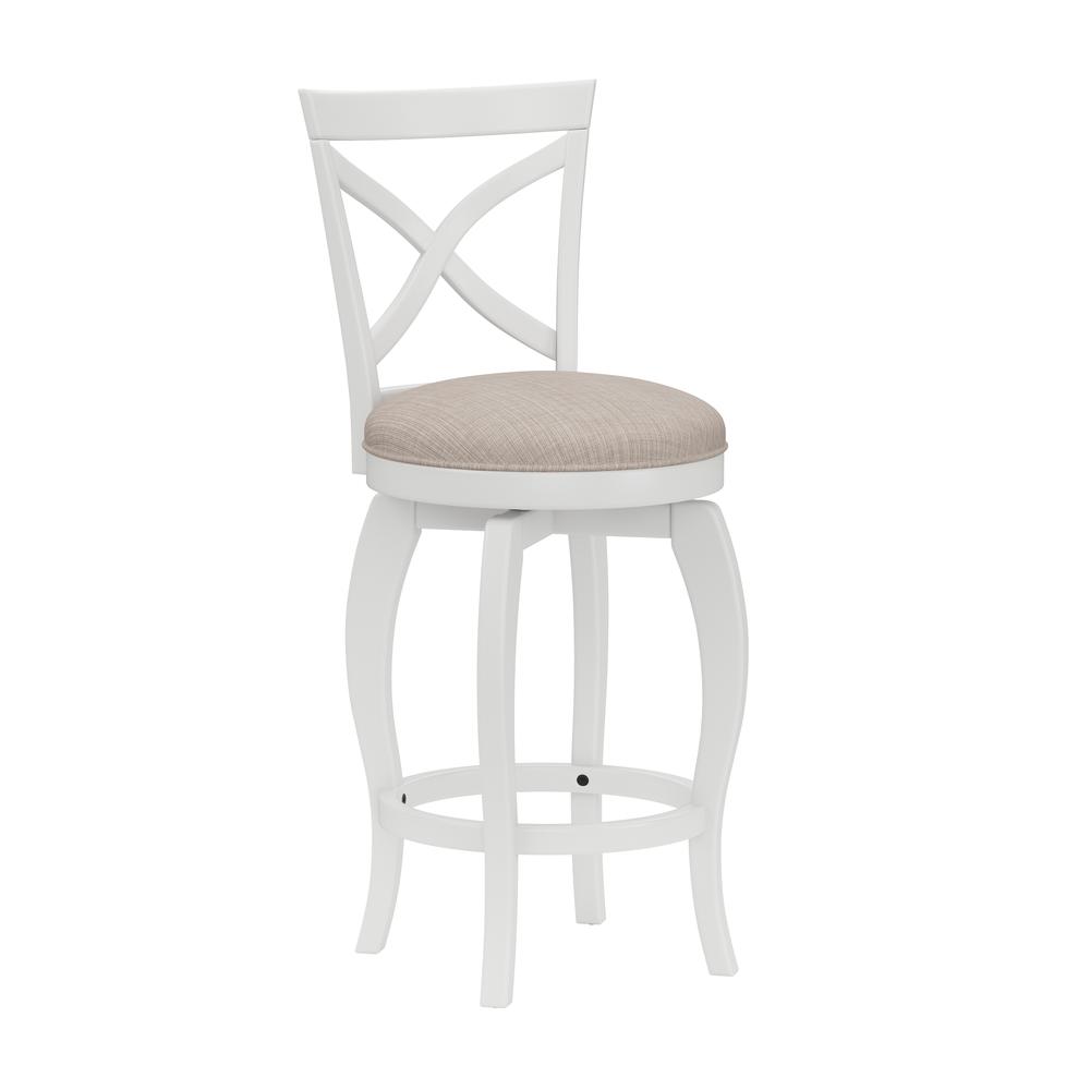 Ellendale Wood Counter Height Swivel Stool, White with Beige Fabric. Picture 1